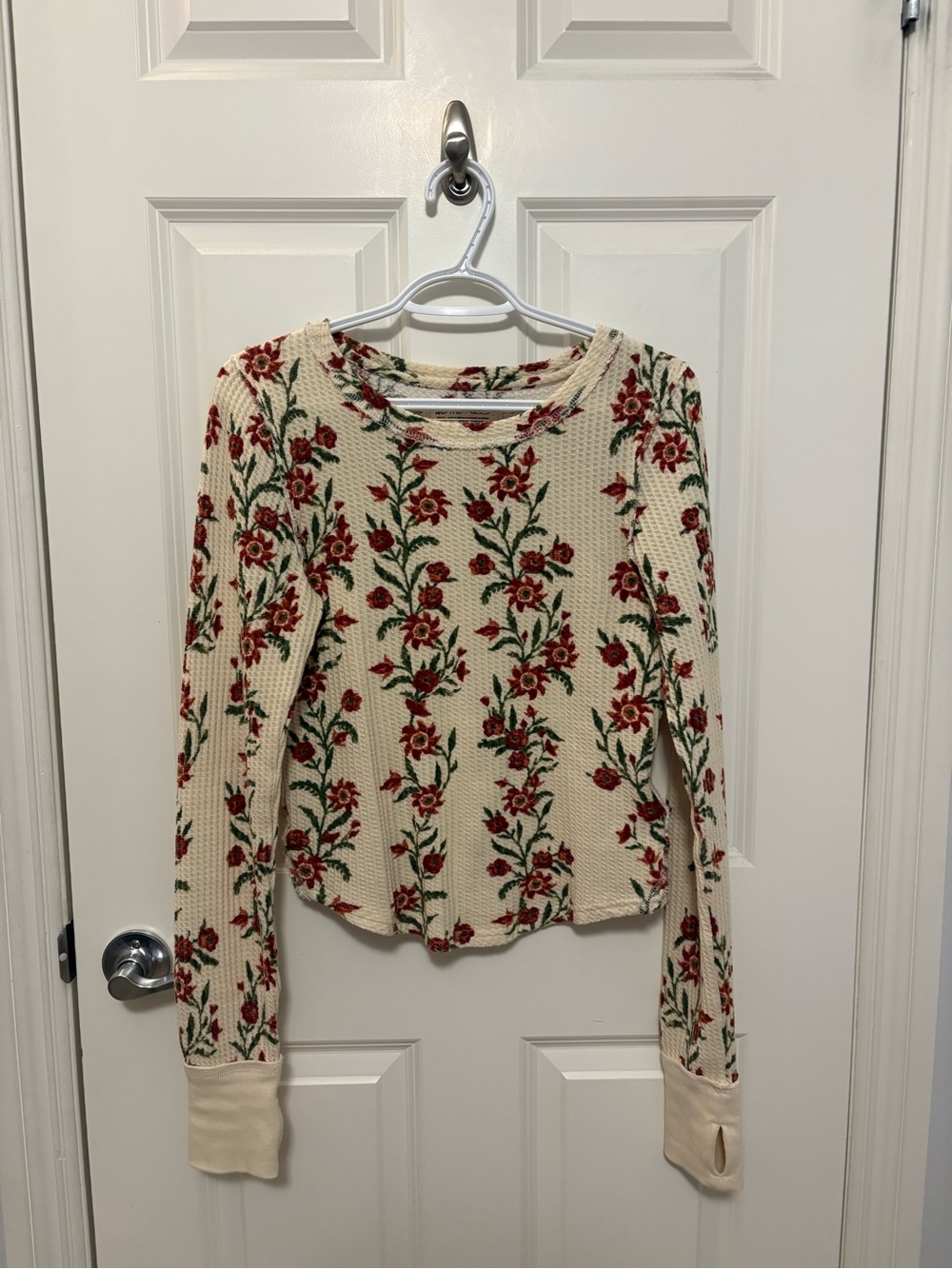 Free People Cream Waffle Floral Long Sleeve Top
